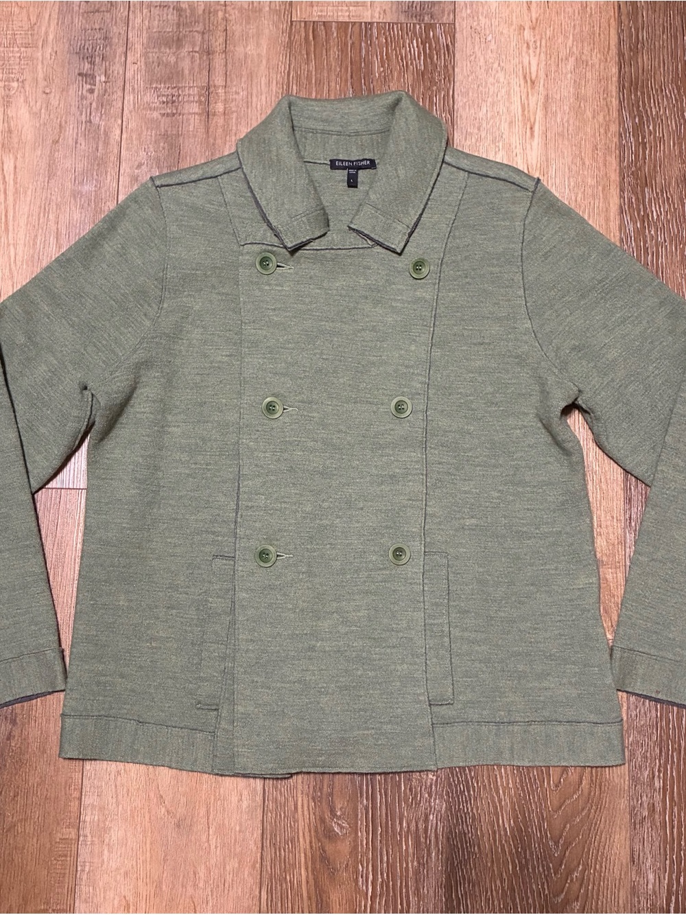 Eileen Fisher Merino Wool Olive Green Double-Breasted Knit Pea Coat Jacket Large